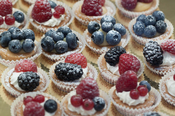 A variety of cakes with berries stacked in rows in a shop window in a cafe