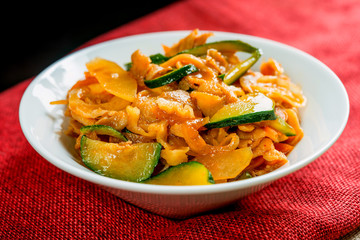 wok fried chicken stir fry with sweet peppers and chinese vegetables