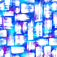 seamless pattern with brush stripes and strokes White color on blue pink watercolor background. Hand painted grange texture. Ink geometric elements. Fashion modern style. Endless fabric print.