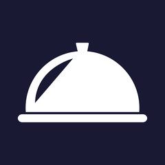 Hot food, restaurant, dining room, cafe, food reception point. Restaurant vector sign on a dark blue background.