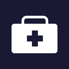 Vector icon indicates the presence of first-aid. Doctor. First Aid Kit on  dark blue background.