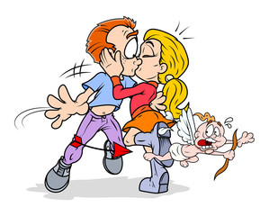 Young Couple Kissing and Cupid Running
