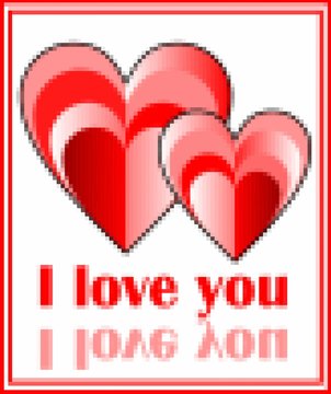 Grunge pixel image of two hearts with inscription I love you, red design with frame and mirror image of inscription,