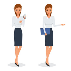 Business woman in occupation showing a mobile phone. Illustration vector.
