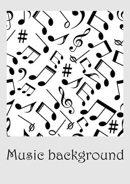 Seamless music background with notes, treble clef, music symbols in monochrome design