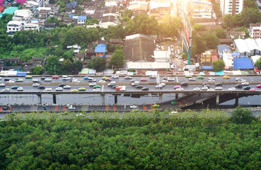 Fototapeta na wymiar Bangkok city and and traffic jam in Aerial view