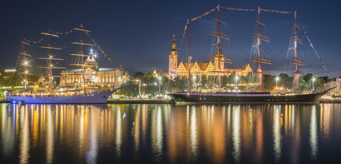 Big sailing ships at night at haken terraces in Szczecin, Tall ship races 2017