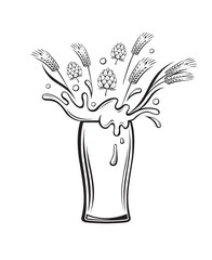 black illustration of beer glass with hops and barley ear
