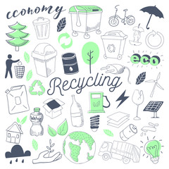 Ecology Alternative Energy Hand Drawn Doodle. Freehand Eco Recycle Elements Set. Vector illustration