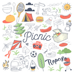 Picnic and BBQ Hand Drawn Doodle. Camping Outdoor Vacation Freehand Set. Vector illustration