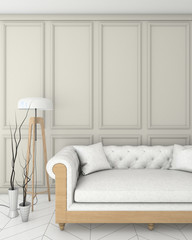 mock up beige interior background with sofa, classic style, 3D render, 3D illustration