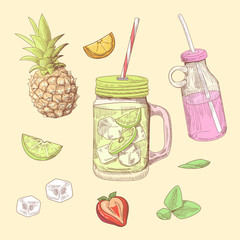 Hand Drawn Fresh Summer Drinks Doodle. Lemonade and Fruits. Organic Beverages. Vector illustration