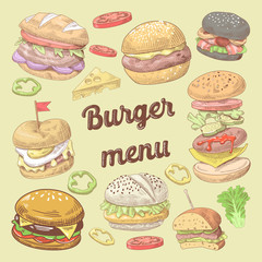 Fast Food Restaurant Hand Drawn Menu Design with Burgers. Brochure Template Design. Vector illustration