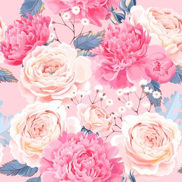 Seamless Pattern With Peonies And Roses