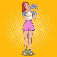Pop Art Young Woman with Running Shoes. Healthy Lifestyle. Vector illustration