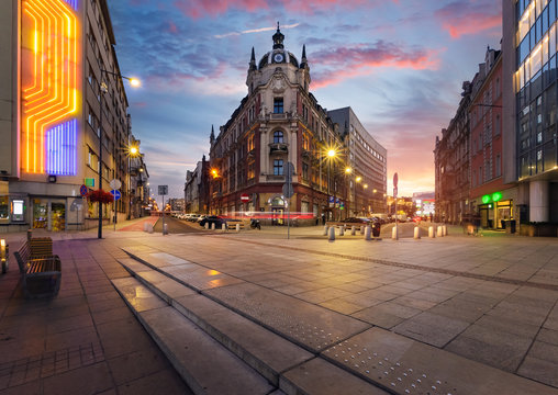 Fototapeta Central square of Katowice in dramatic sunset.