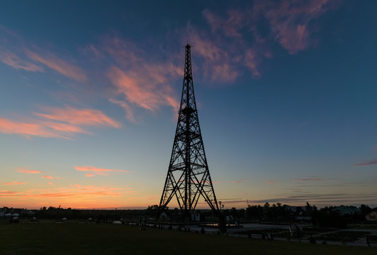 Historic radiostation tower in Gliwice, in sunset time.