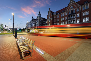 Katowice and tram light trails during sunset © velishchuk