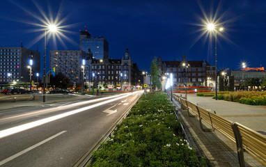 Central square of the Katowice after sunset. © velishchuk