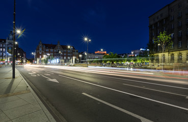One of the central streets of Katowice after sunset
