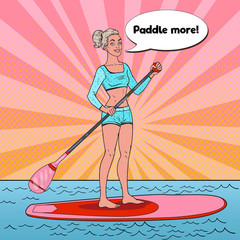 Pop Art Beautiful Woman on the Stand Up Paddle Board. Female Surfer in Swimsuit on SUP. Vector illustration