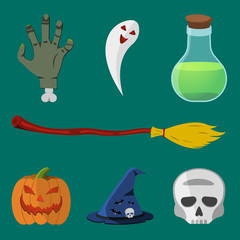 Cartoon Halloween icon set. Pumpkin, Deadman's Hand, Skull, Flask, Witch's Hat, Broom, Ghost.