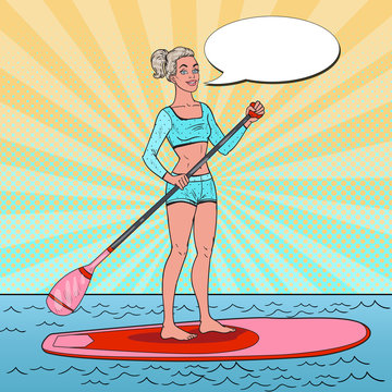 Pop Art Beautiful Woman on the Stand Up Paddle Board. Girl in Swimsuit on SUP. Vector illustration