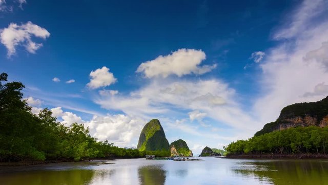 4K Time lapse A small fishing village in Phang Nga province mountain view with clouds moving on blue skybackground.