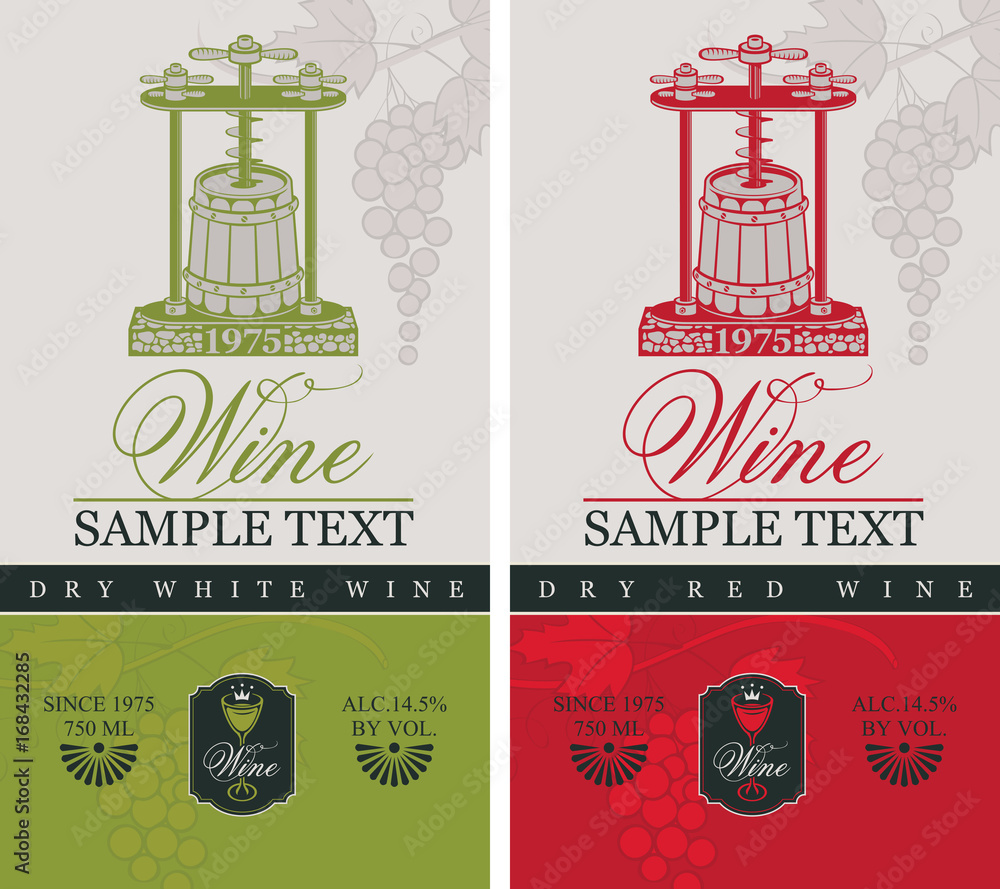 Poster two labels for dry red and white wine with a wine press and barrel in retro style on the background 