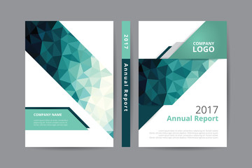 Annual report 2017 book design front and back cover template, blue gray green low polygon color theme with company logo, demo text box  layout A4 two side offset printing CMYK colour white background.