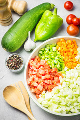 Vegetable saute in a pan. Top view.