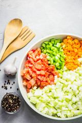 Zucchini, tomato and pepper saute. Top view, copy space.