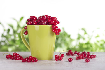 Red currant in a green cup on a table