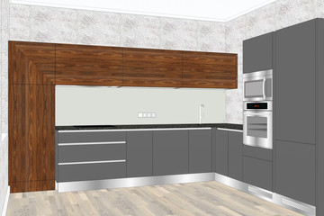 3D illustration. Modern creative kitchen furniture design in light interior. Walnut veneer accents. No handles. Large fridge. 