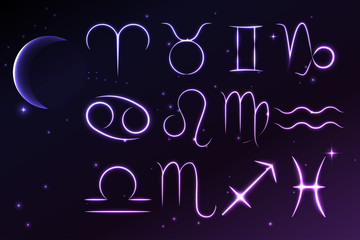 Light symbols of zodiac and horoscope, astrology and mystic signs, vector illustration.