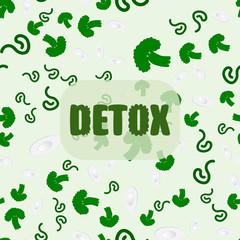 Seamless pattern made from broccoli leaves, with hand drawn word detox - meaning its time to begin detoxing your body