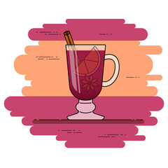Mulled wine banner. Hot red wine with cinnamon, orange, star anice. Flat line art stile.