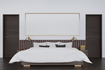 White bedroom with a poster