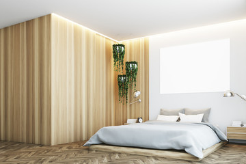 Gray and wooden bedroom, poster, corner