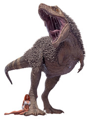 3D rendering of Tyrannosaurus Rex standing above a primitive cave woman, isolated on a white background.