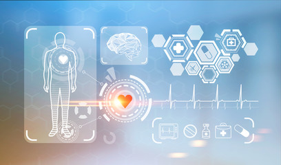 Medical icons and HUD, blurred background