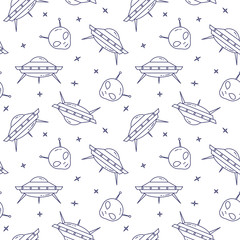 Space travel line icons. Elements of ufo, alien. Seamless pattern. Concept for website, card, infographic, advertise wallpaper wrap website textile