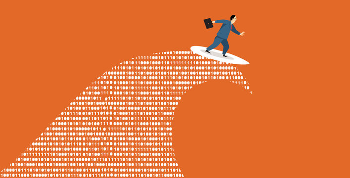 Businessman Surfing A Tsunami Wave Of Computer Data, EPS 8 Vector Illustration 