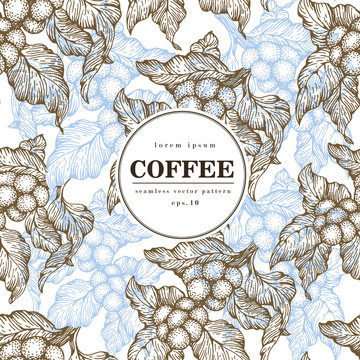Coffee beans vector seamless pattern. Engraved vintage style illustration. Organic coffee beans. Banner template.