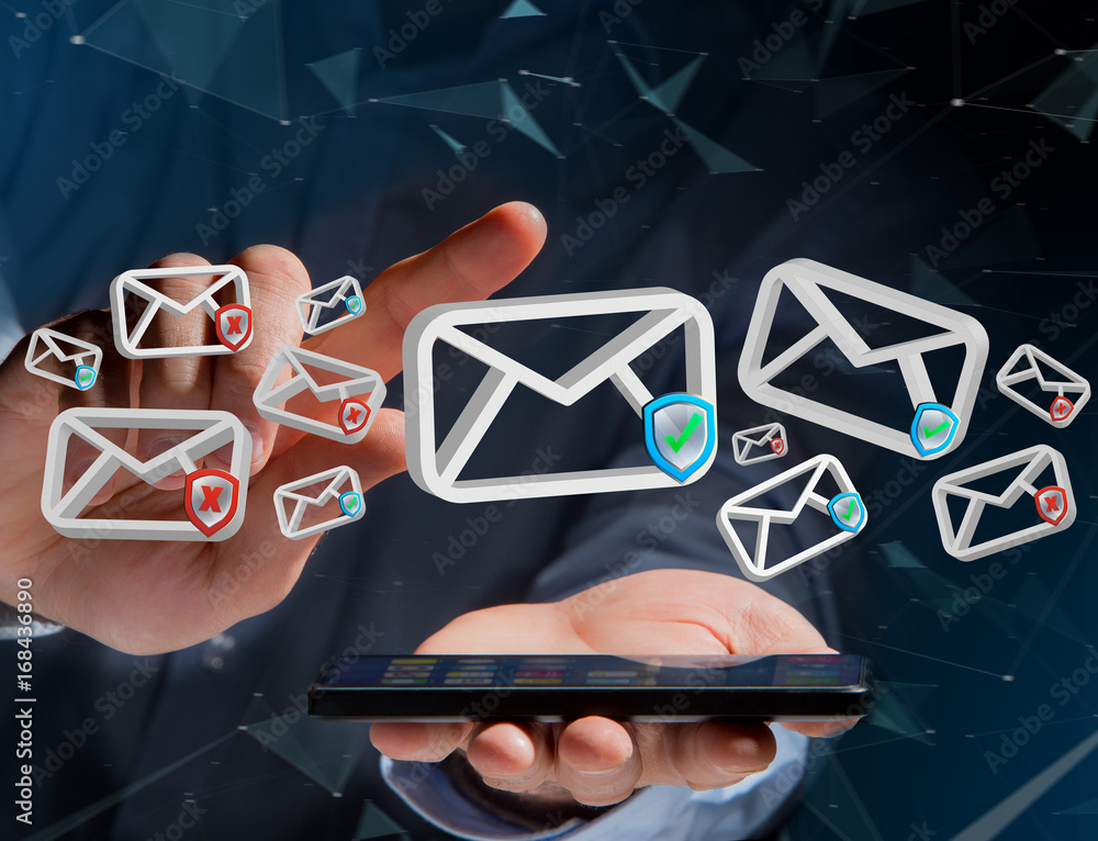 Poster approved email and spam message displayed on a futuristic interface - message and internet concept