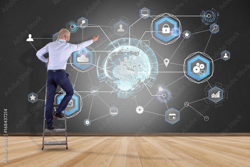 Poster businessman in front of a wall with an international business network connection displayed on a futu