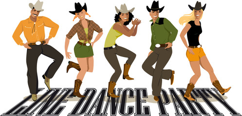 Group of people in western country clothes dancing line dance, EPS 8 vector illustration