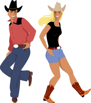 Couple dressed in traditional country western clothes dancing line dance, EPS 8 vector illustration
