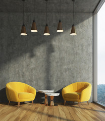 Concrete living room, yellow armchairs