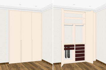 3D illustration. Modern room interior. Modern wardrobe design. Furniture ideas. Doors - open and close.